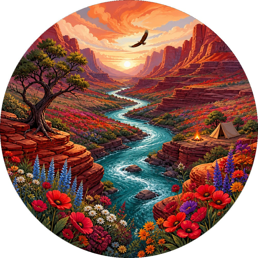 Crimson Wildflower Canyon River Round Puzzle - puzzle artwork
