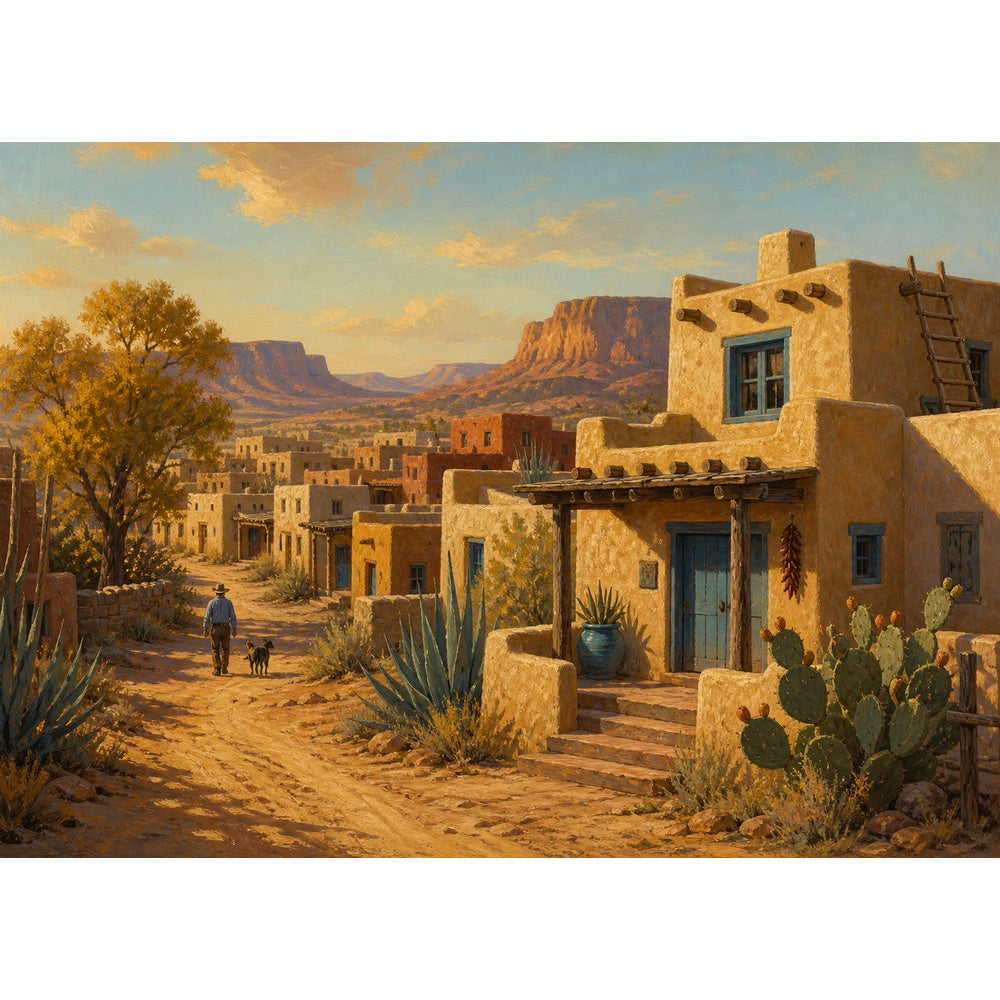 Golden-Hour Desert Adobe Town Landscape Puzzle - puzzle artwork