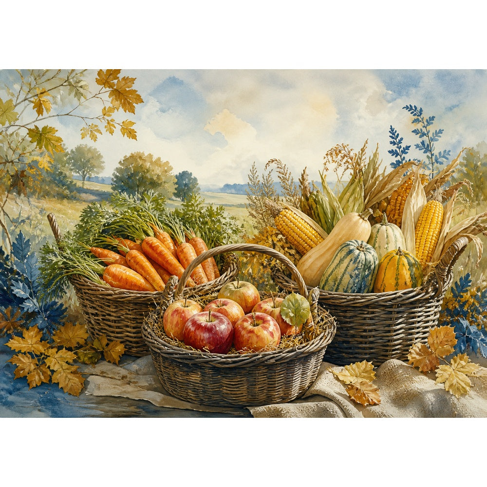 Story Rich Farmers Market Baskets Watercolor Ink Landscape Puzzle - puzzle artwork