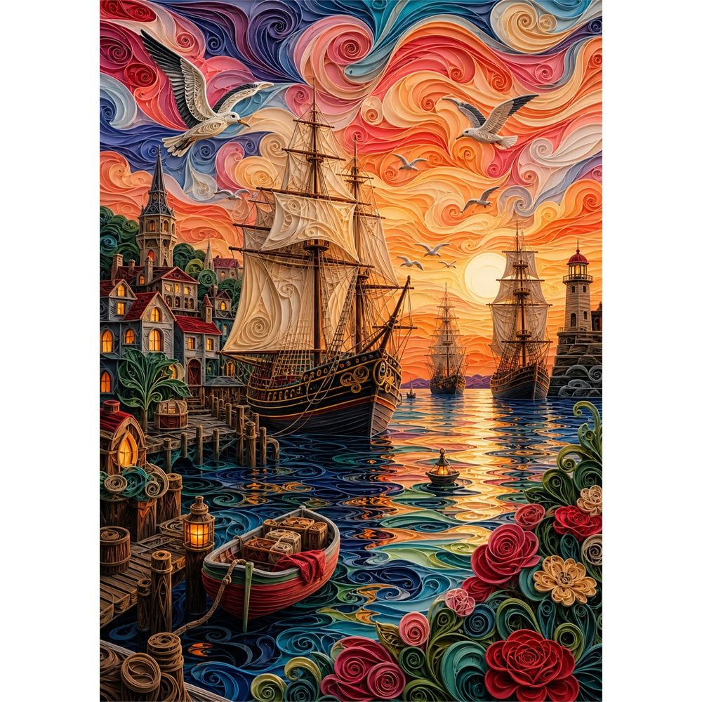 Twilight Harbor of Tall Ships Portrait Puzzle - puzzle artwork