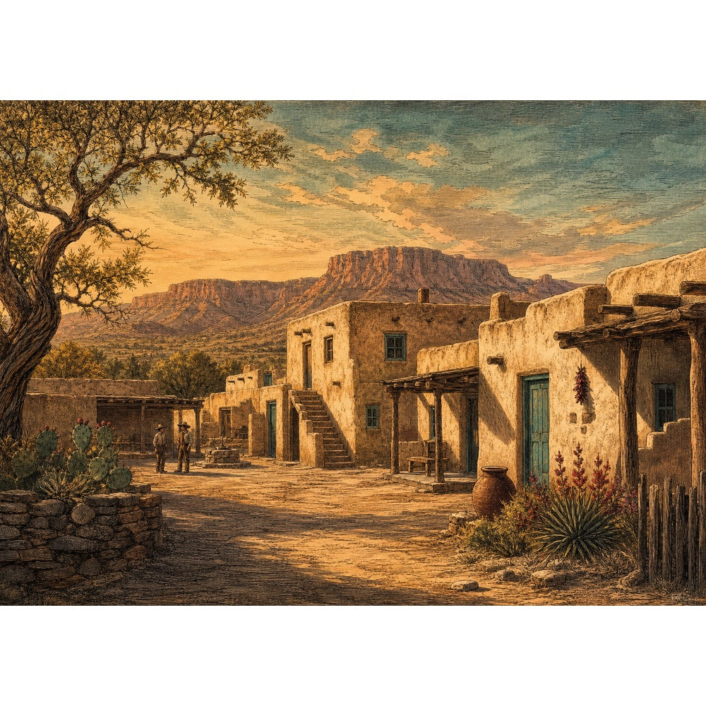 Luminous Desert Adobe Town Landscape Puzzle - puzzle artwork