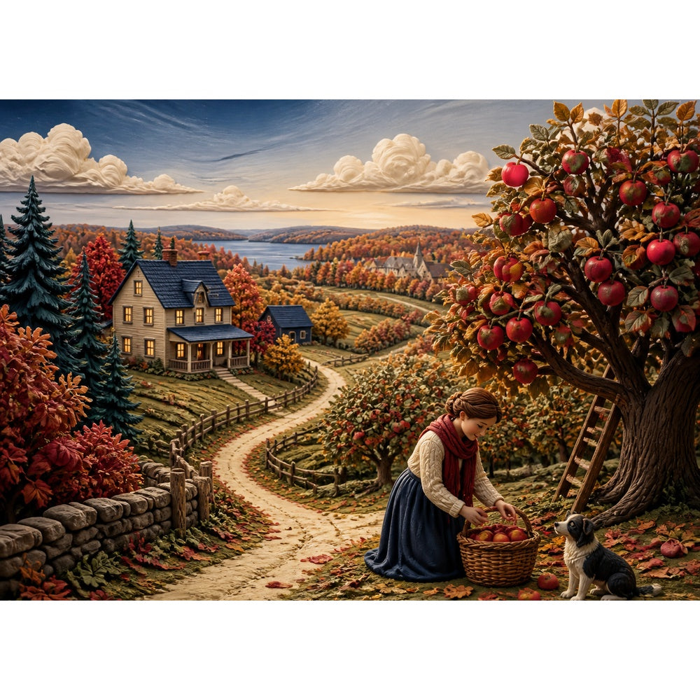 Vibrant Autumn Apple Orchard Soft 3d Storybook Landscape Puzzle - puzzle artwork