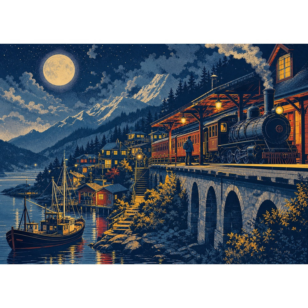 Moonlit Mountain Railway Station Landscape Puzzle - puzzle artwork