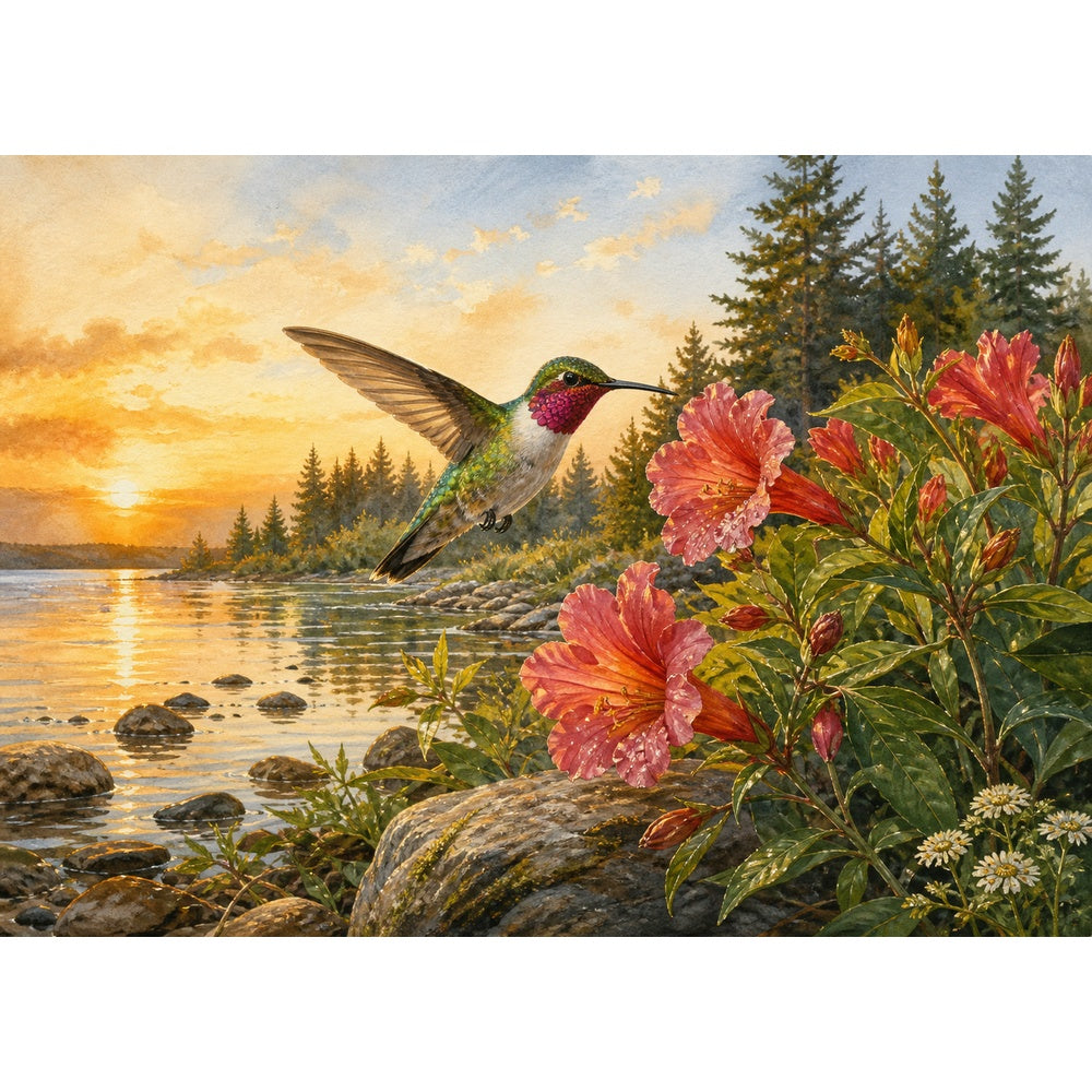 Golden-Hour Hummingbirds Landscape Puzzle - puzzle artwork