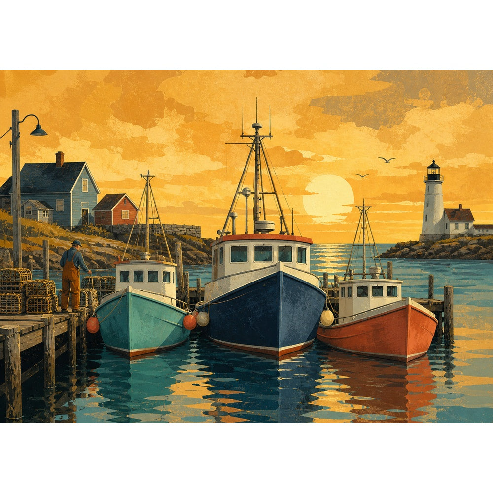 Golden Hour Working Harbor Boats Travel Poster Landscape Puzzle - puzzle artwork