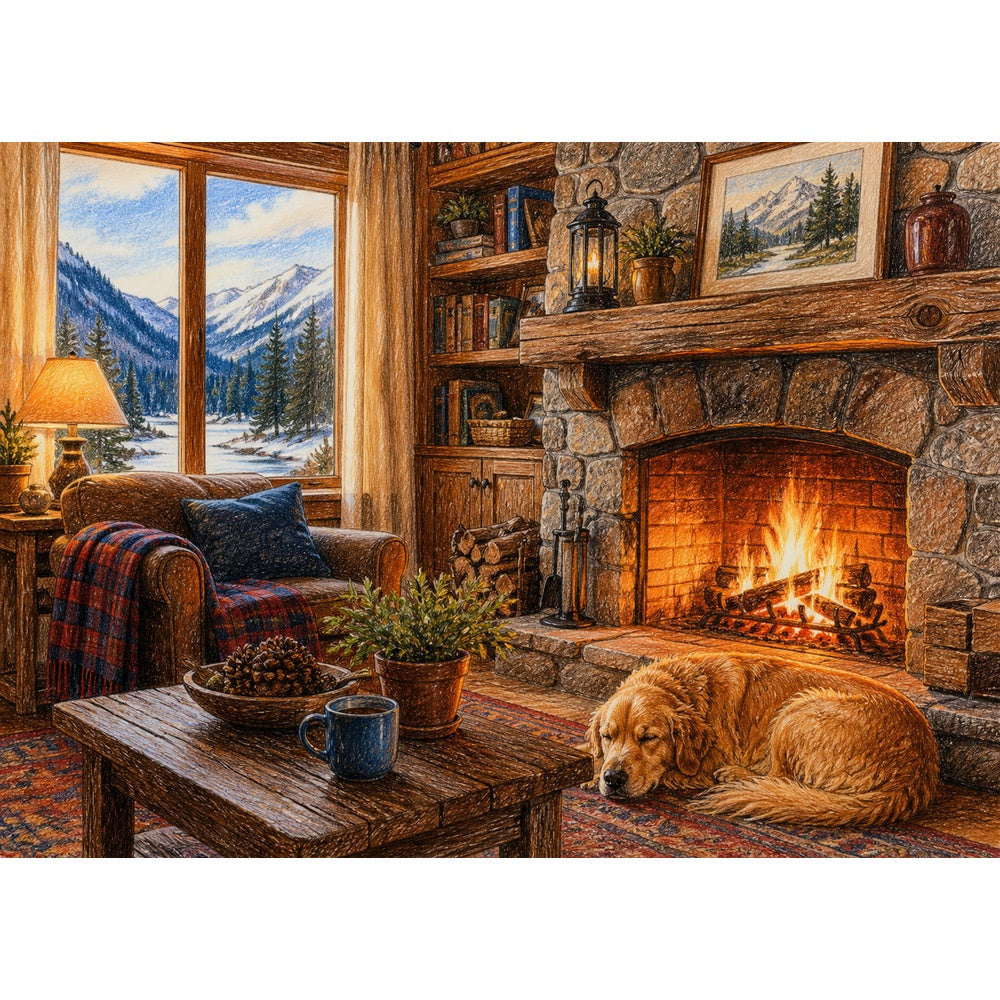 Vibrant Fireplace Room Landscape Puzzle - puzzle artwork