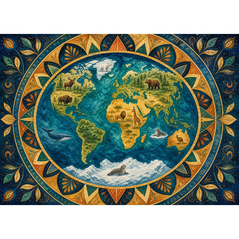 Golden Hour World Habitat Map Mandala Ornamental Landscape Puzzle - puzzle artwork