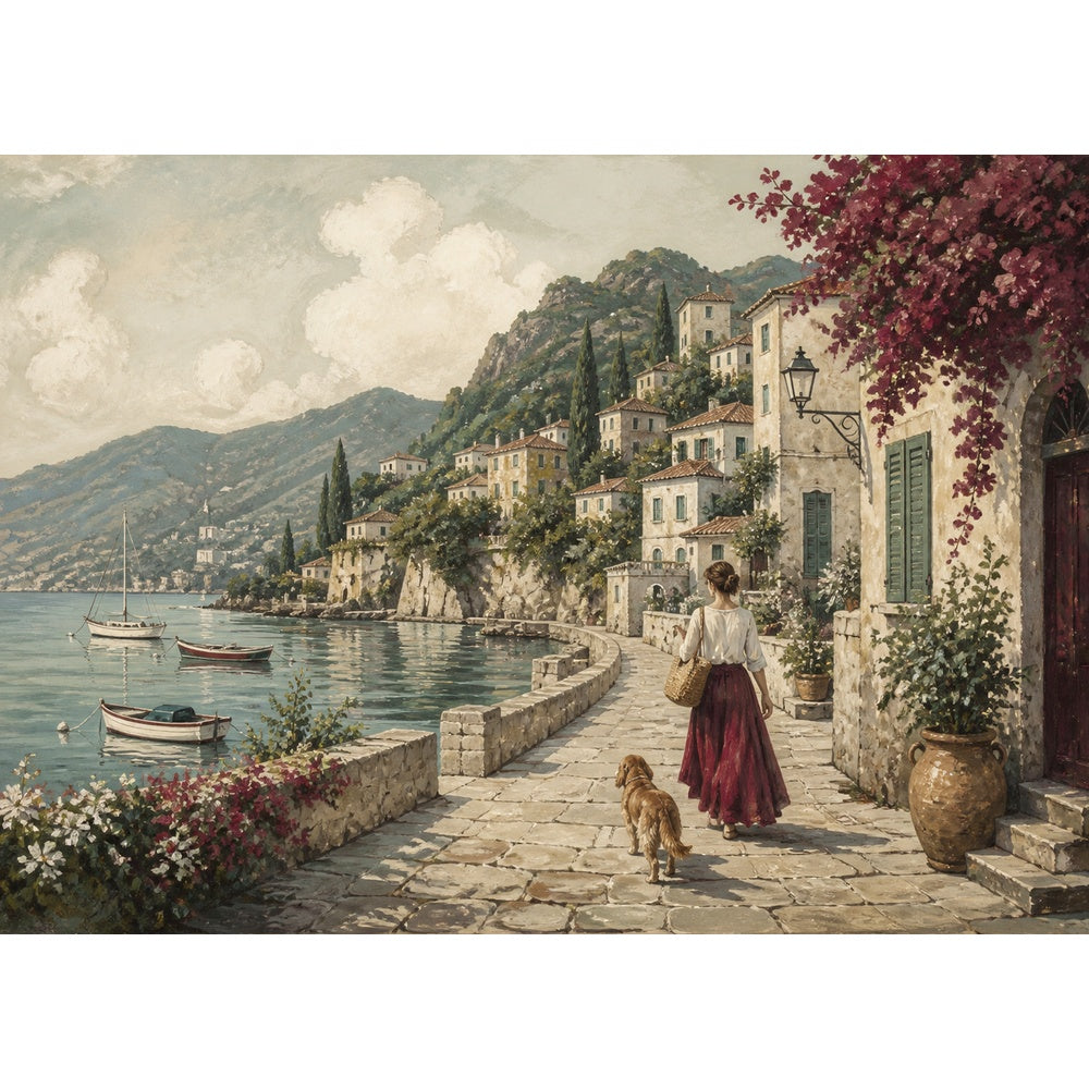 Moonlit Painted Seaside Town Tile Mural Landscape Puzzle - puzzle artwork