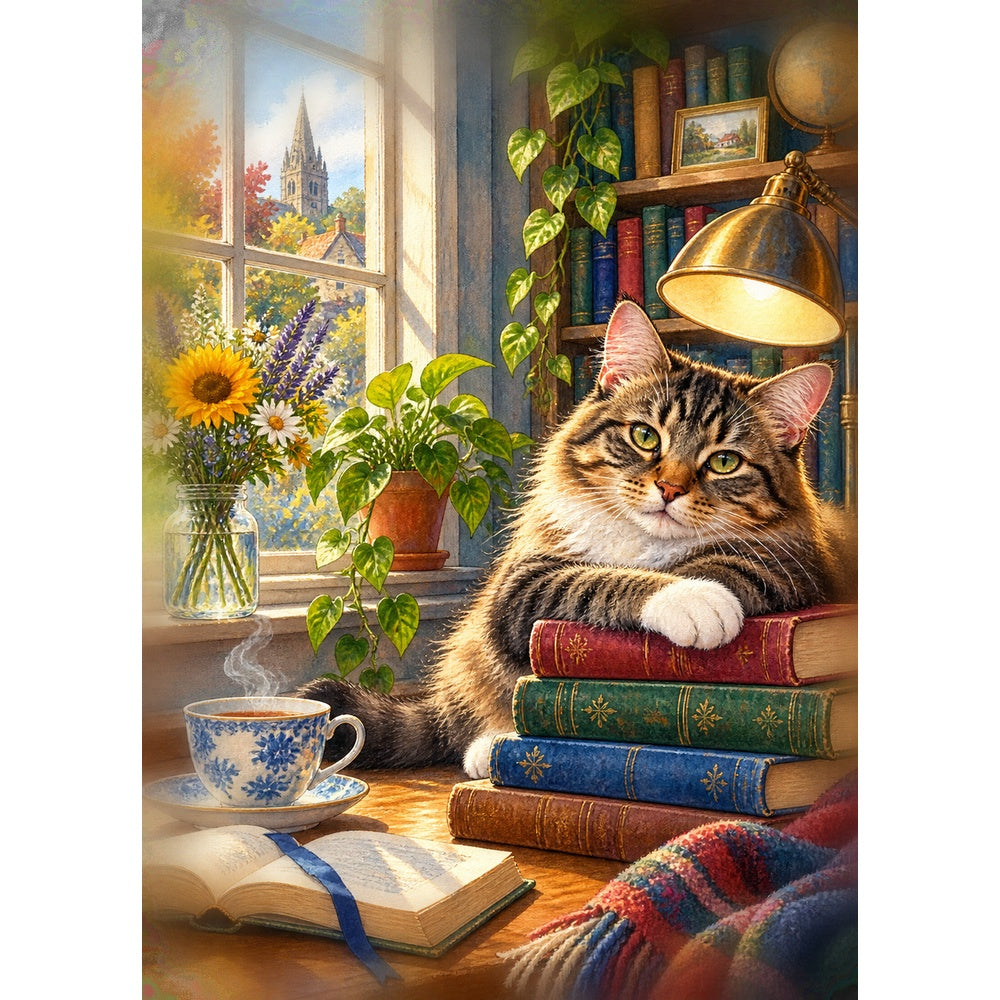 Vibrant Library Cat Portrait Puzzle - puzzle artwork