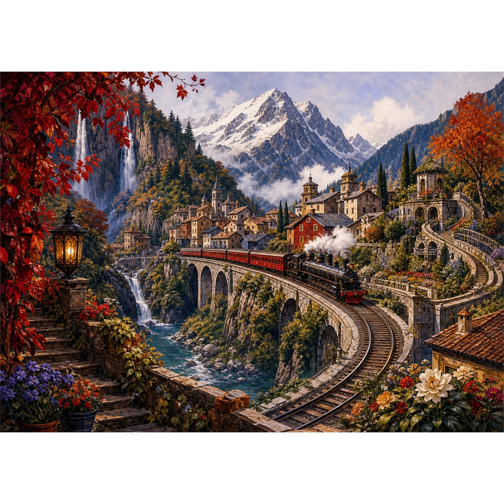 Hidden Mountain Railway Town Landscape Puzzle - puzzle artwork