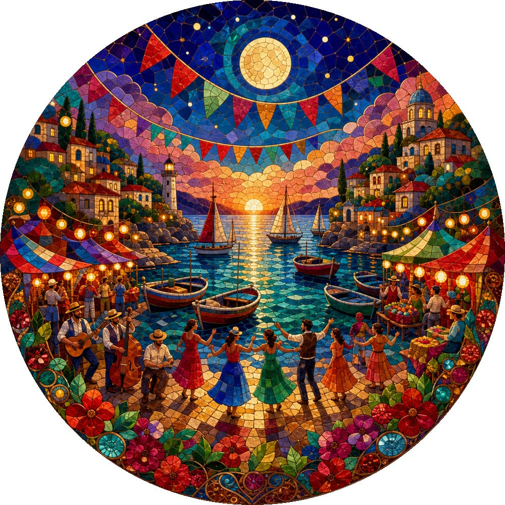 Moonlit Coastal Summer Festival Round Puzzle - puzzle artwork