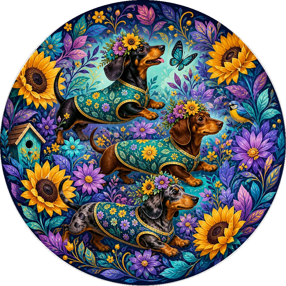 Emerald Dachshund Flower Parade Round Puzzle - puzzle artwork