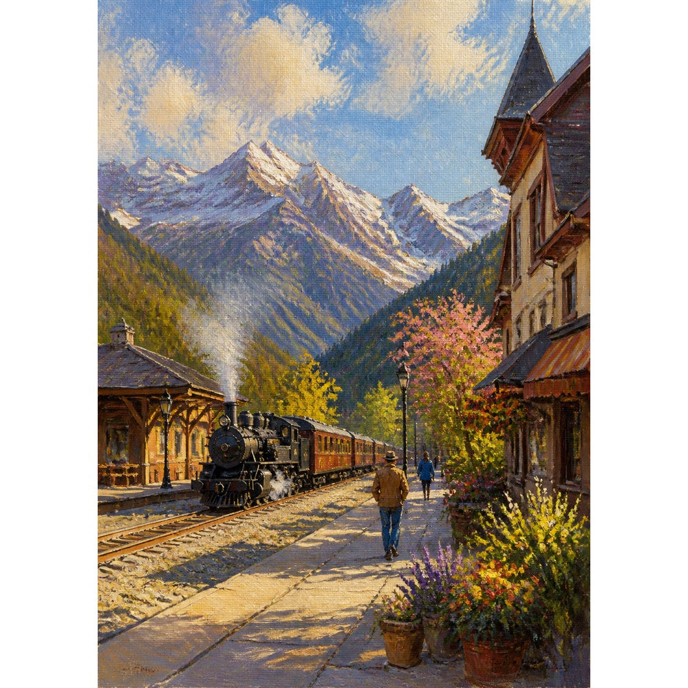 Sunlit Mountain Railway Station Portrait Puzzle - puzzle artwork