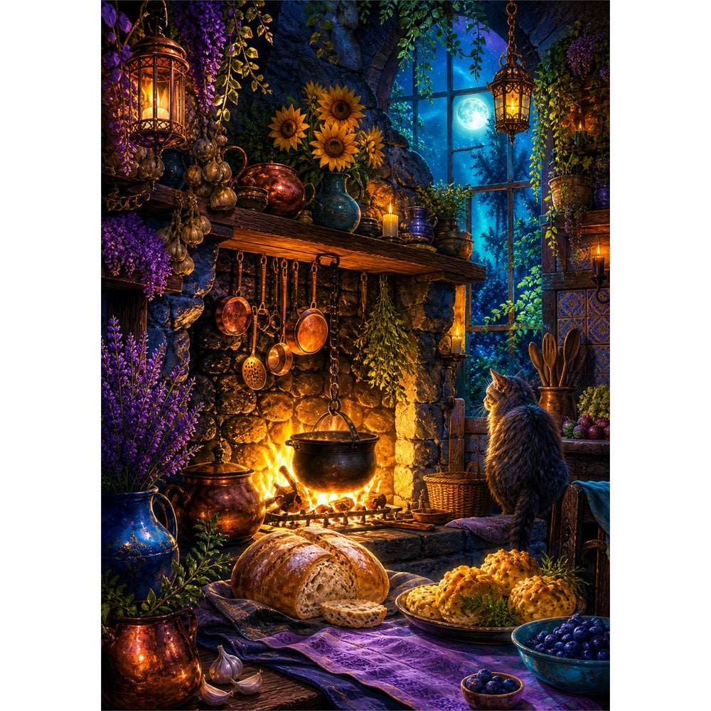 Emerald Moonlit Kitchen Hearth Portrait Puzzle - puzzle artwork