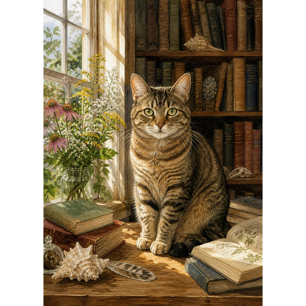 Sunlit Library Cat Portrait Puzzle - puzzle artwork