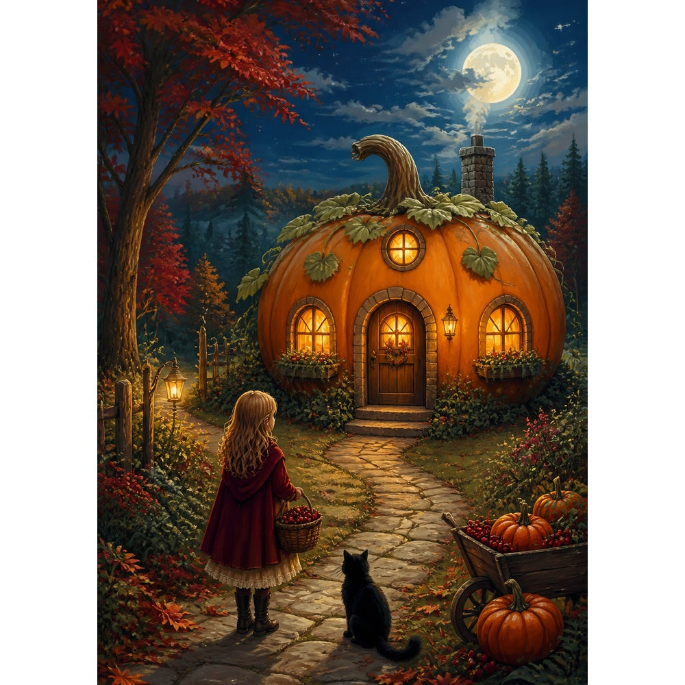 Sunlit Pumpkin Cottage Character Illustration Portrait Puzzle - puzzle artwork