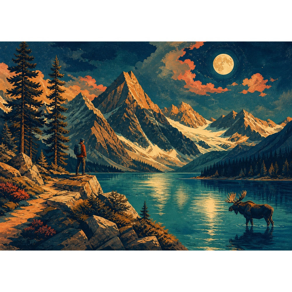 Moonlit Alpine Lake Landscape Puzzle - puzzle artwork