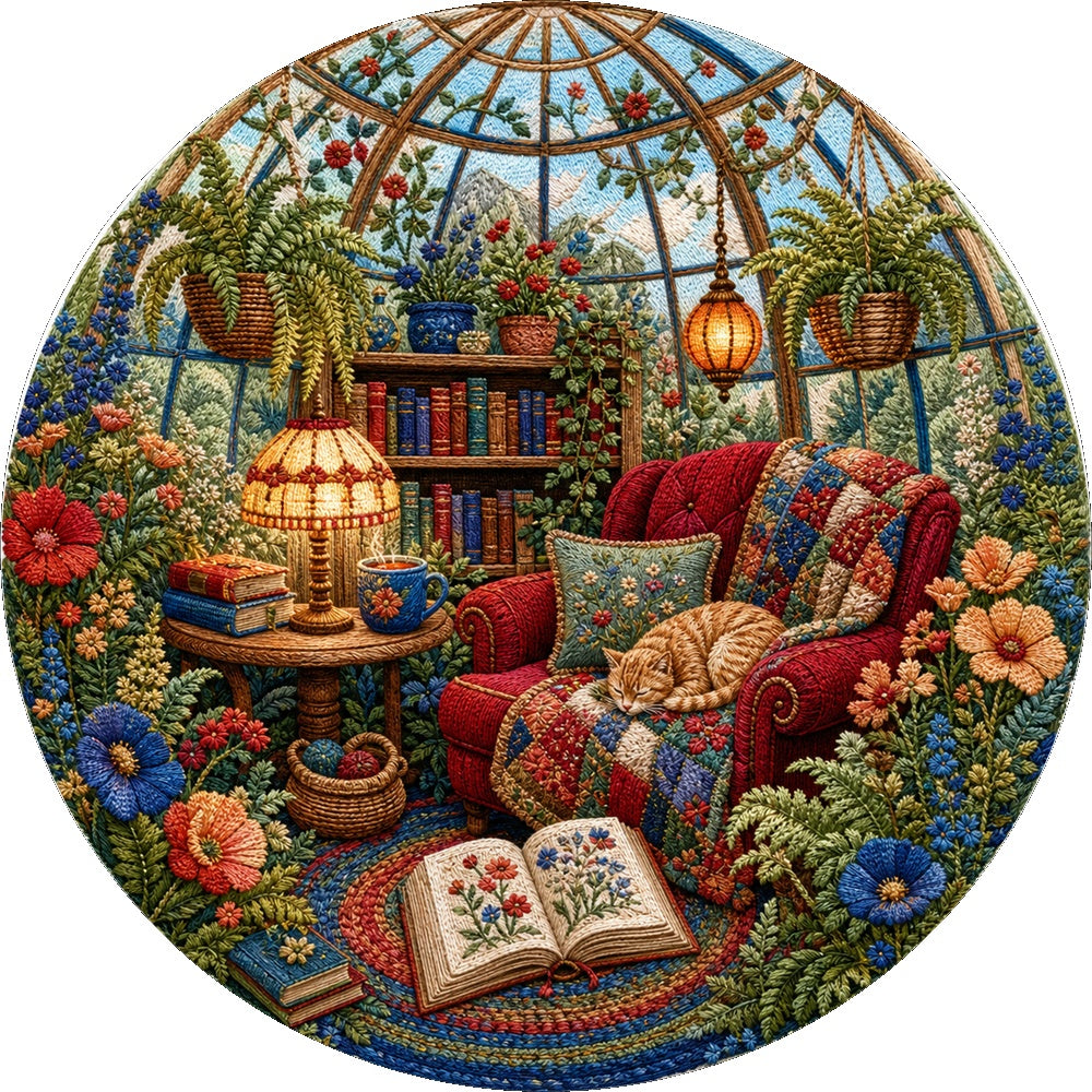 Wildflower Reading Nook Conservatory Round Puzzle - puzzle artwork