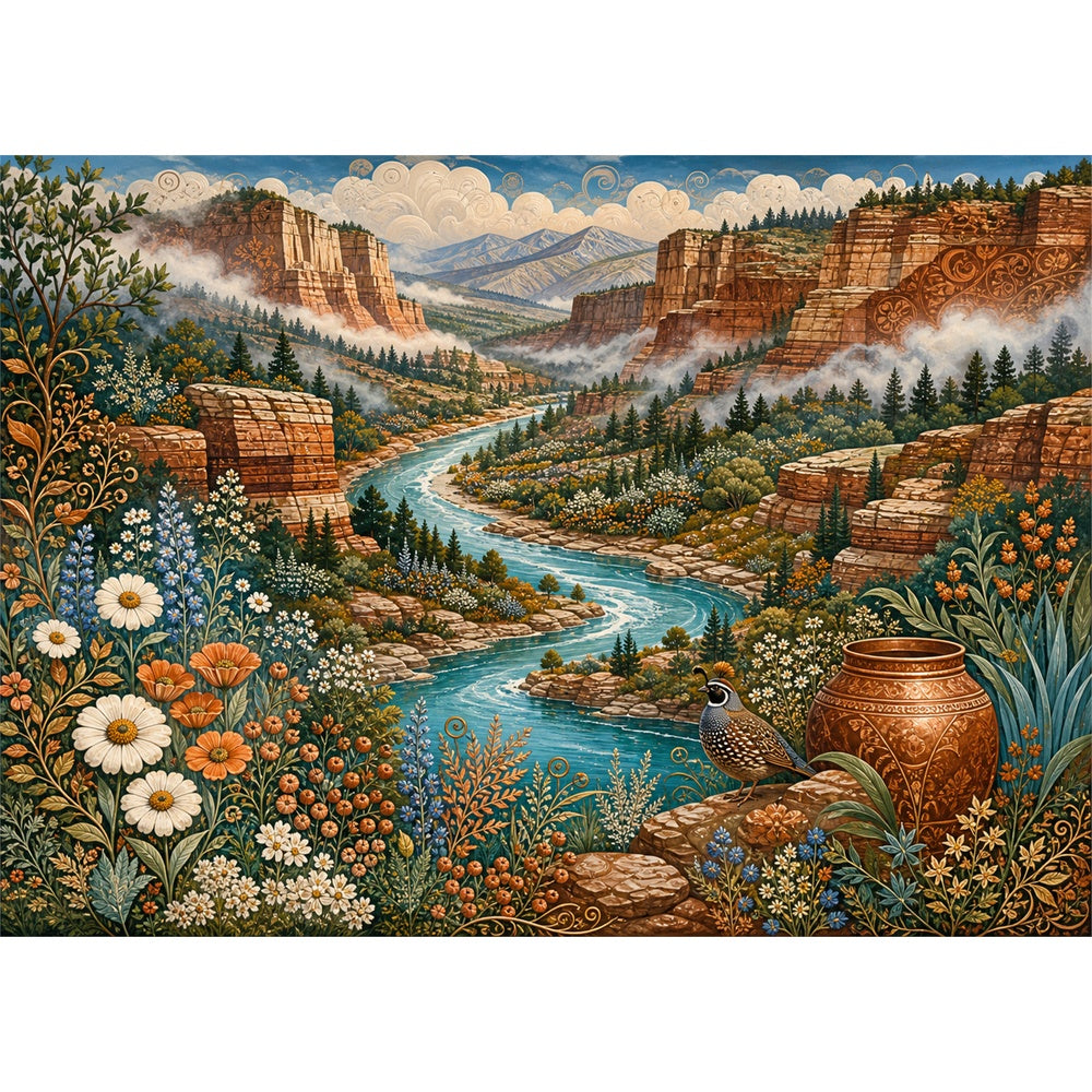 Misty Wildflower Canyon River Landscape Puzzle - puzzle artwork
