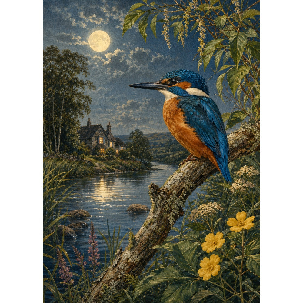 Moonlit Kingfisher By A River Portrait Puzzle - puzzle artwork