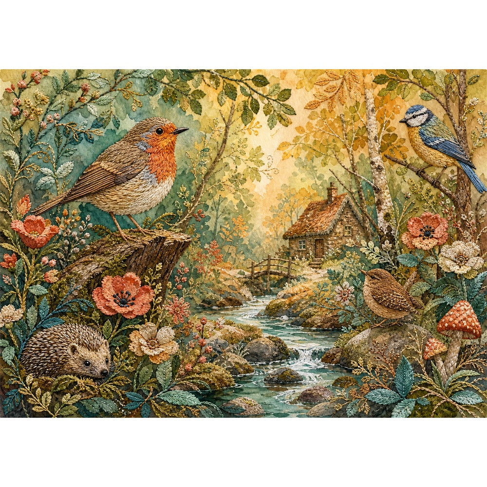 Sunlit Embroidered Woodland Landscape Puzzle - puzzle artwork