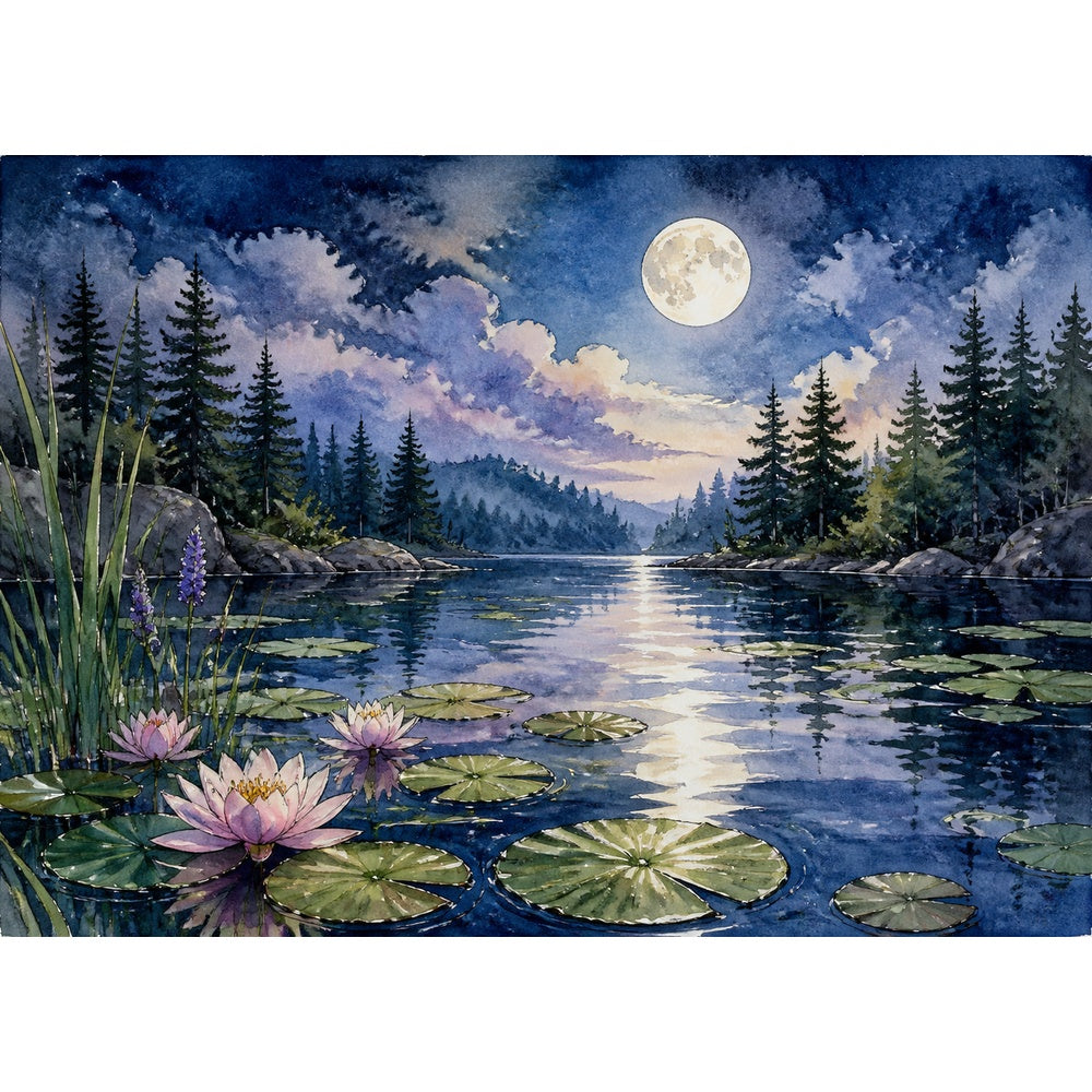 Moonlit Water-Lily Pond Landscape Puzzle - puzzle artwork