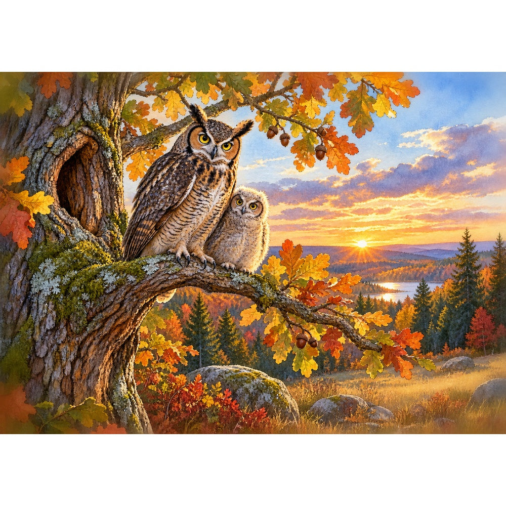 Golden-Hour Owls Landscape Puzzle - puzzle artwork