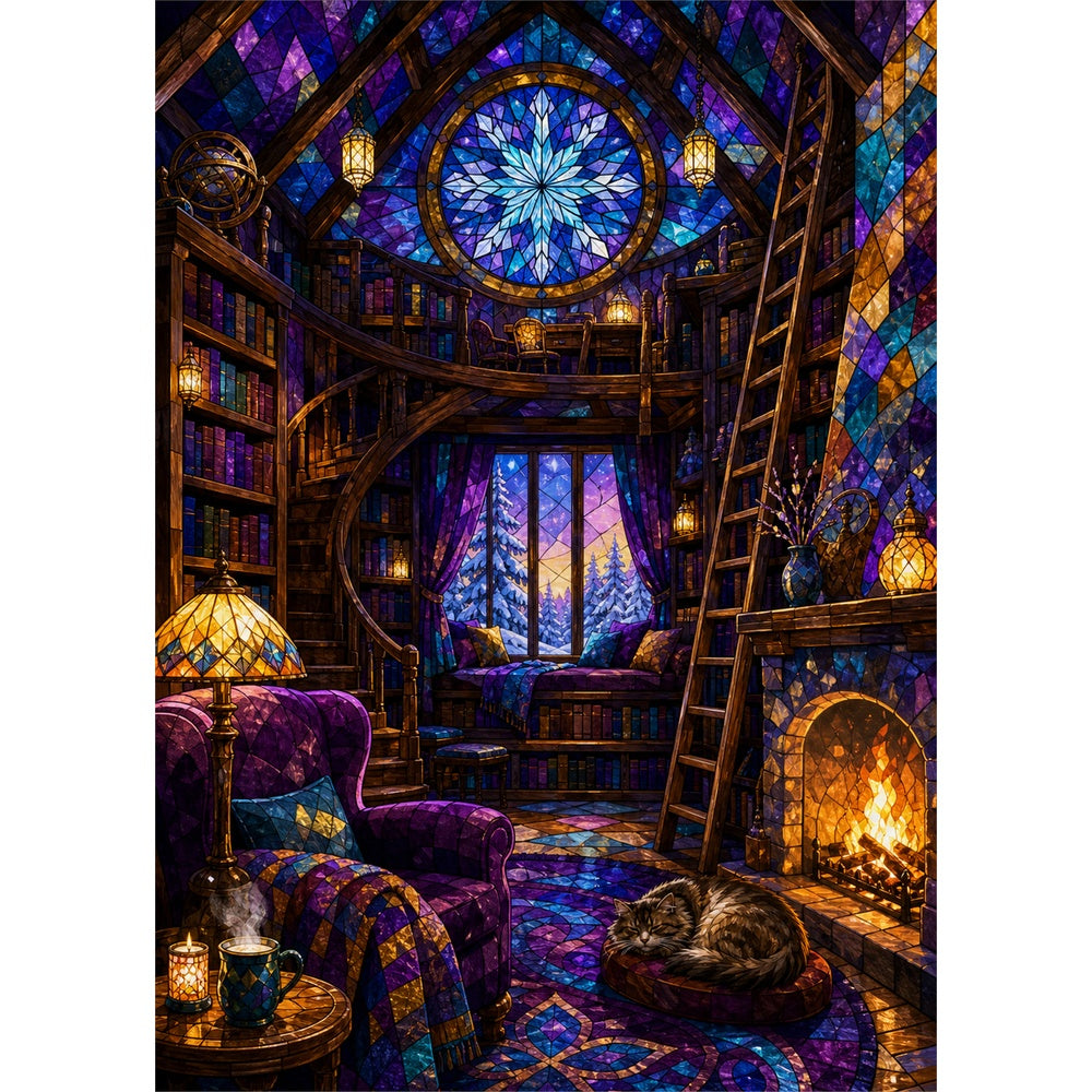 Whispering Winter Cabin Library Portrait Puzzle - puzzle artwork