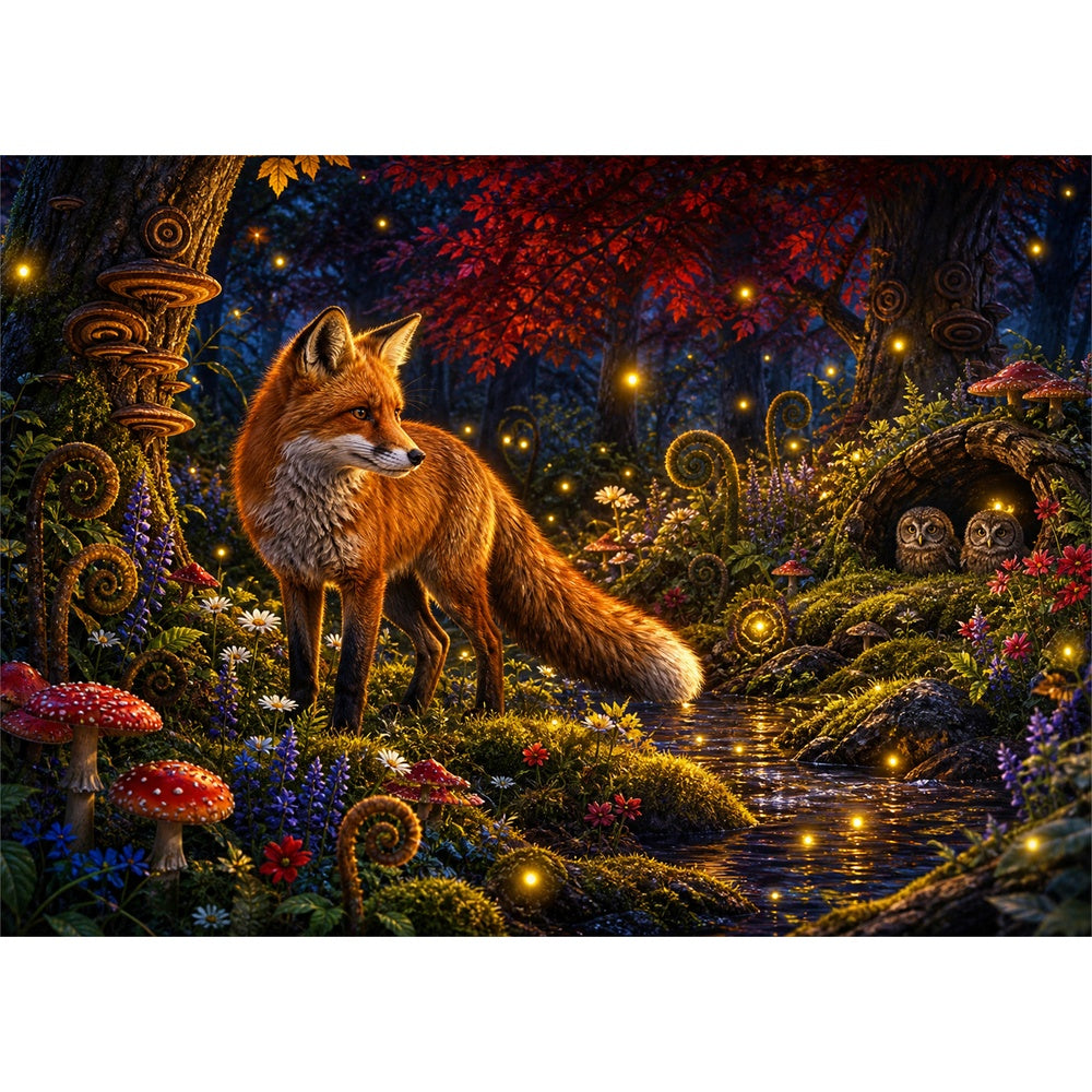 Silver Fox and Firefly Grove Landscape Puzzle - puzzle artwork