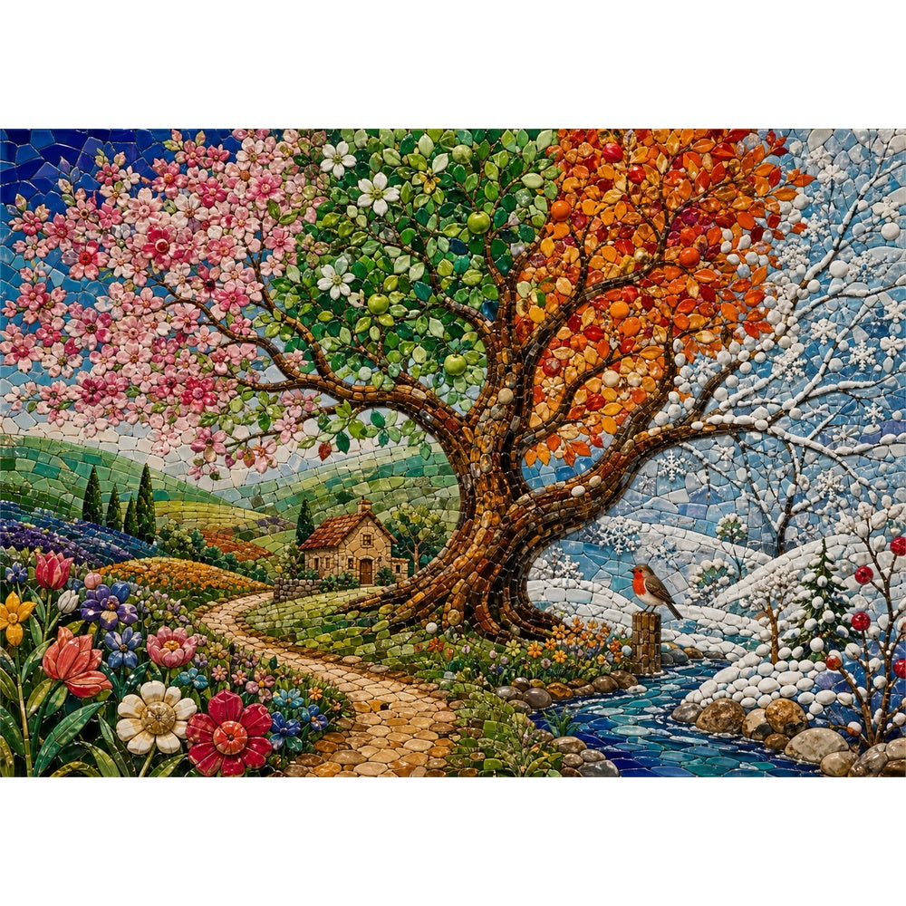 Honeyed Four Seasons Tree Landscape Puzzle - puzzle artwork