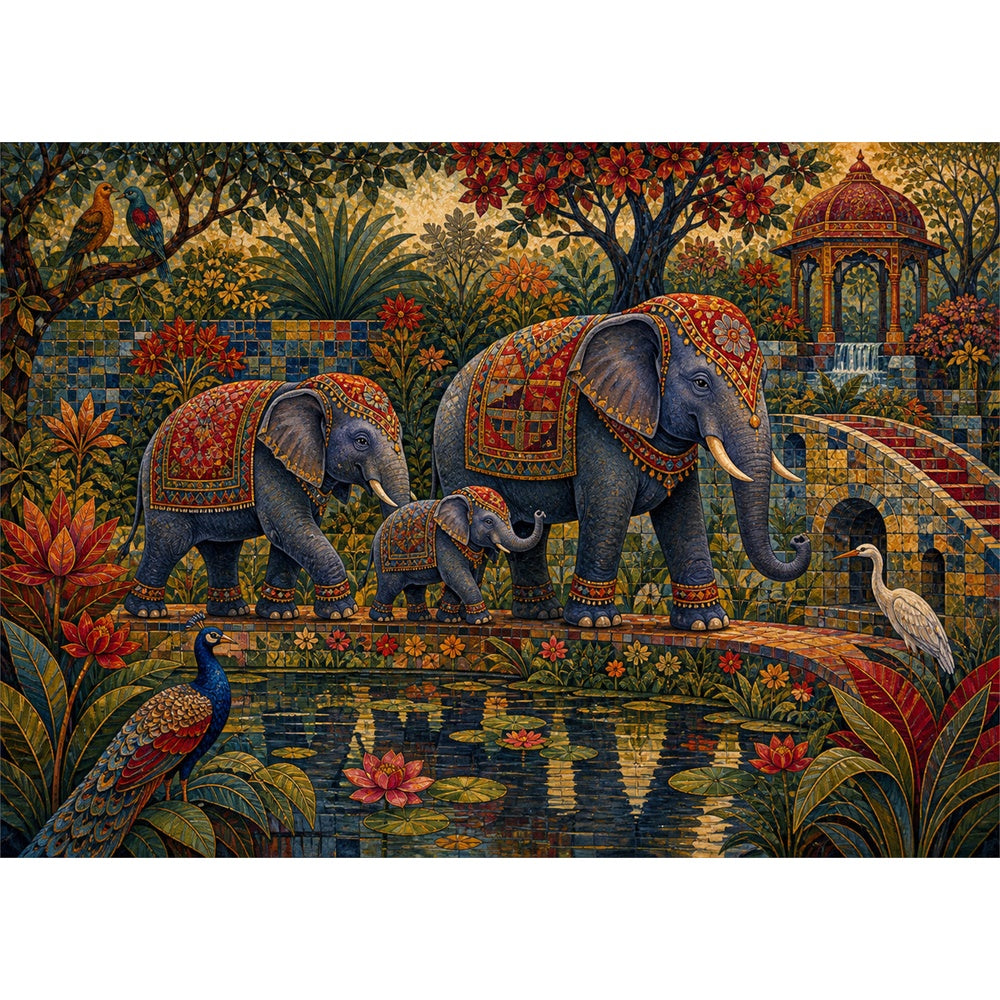 Luminous Elephant Garden Family Landscape Puzzle - puzzle artwork