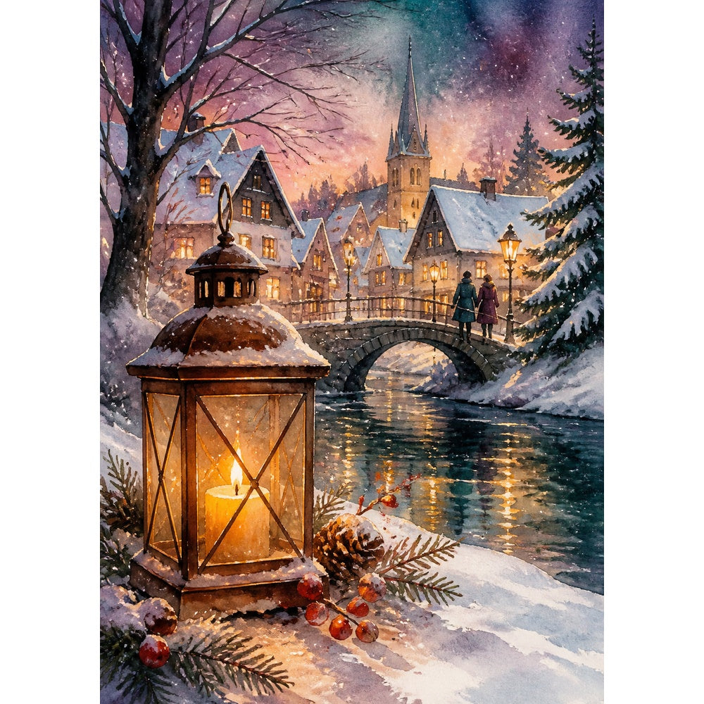 Story Rich Lantern Lit Winter Village Watercolor Ink Portrait Puzzle - puzzle artwork