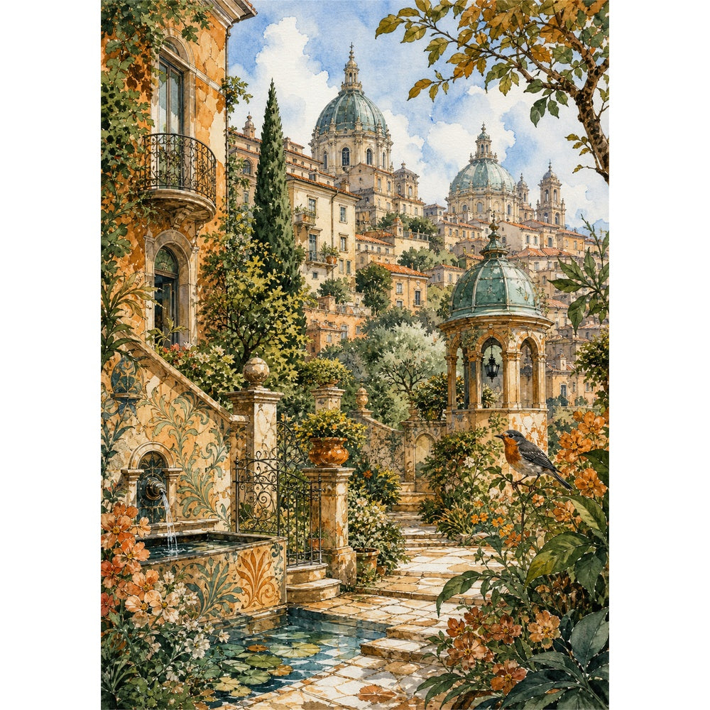 Amber Watercolor City Garden Portrait Puzzle - puzzle artwork
