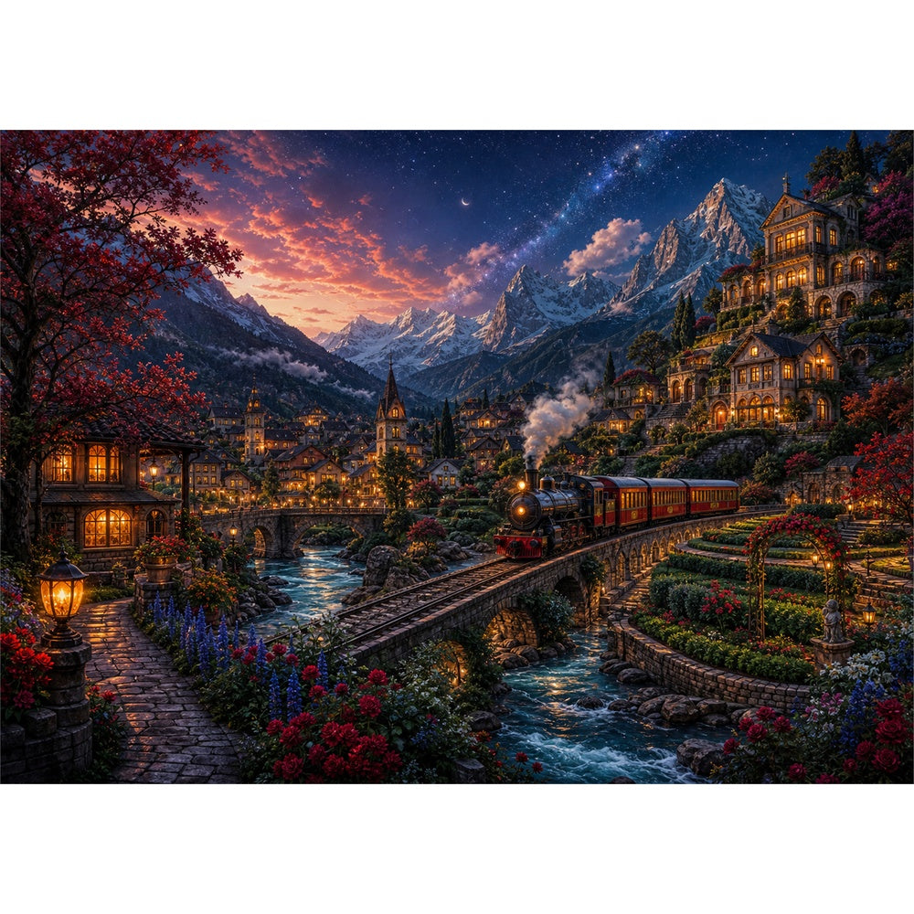 Starlit Mountain Railway Town 159 Landscape Puzzle - puzzle artwork