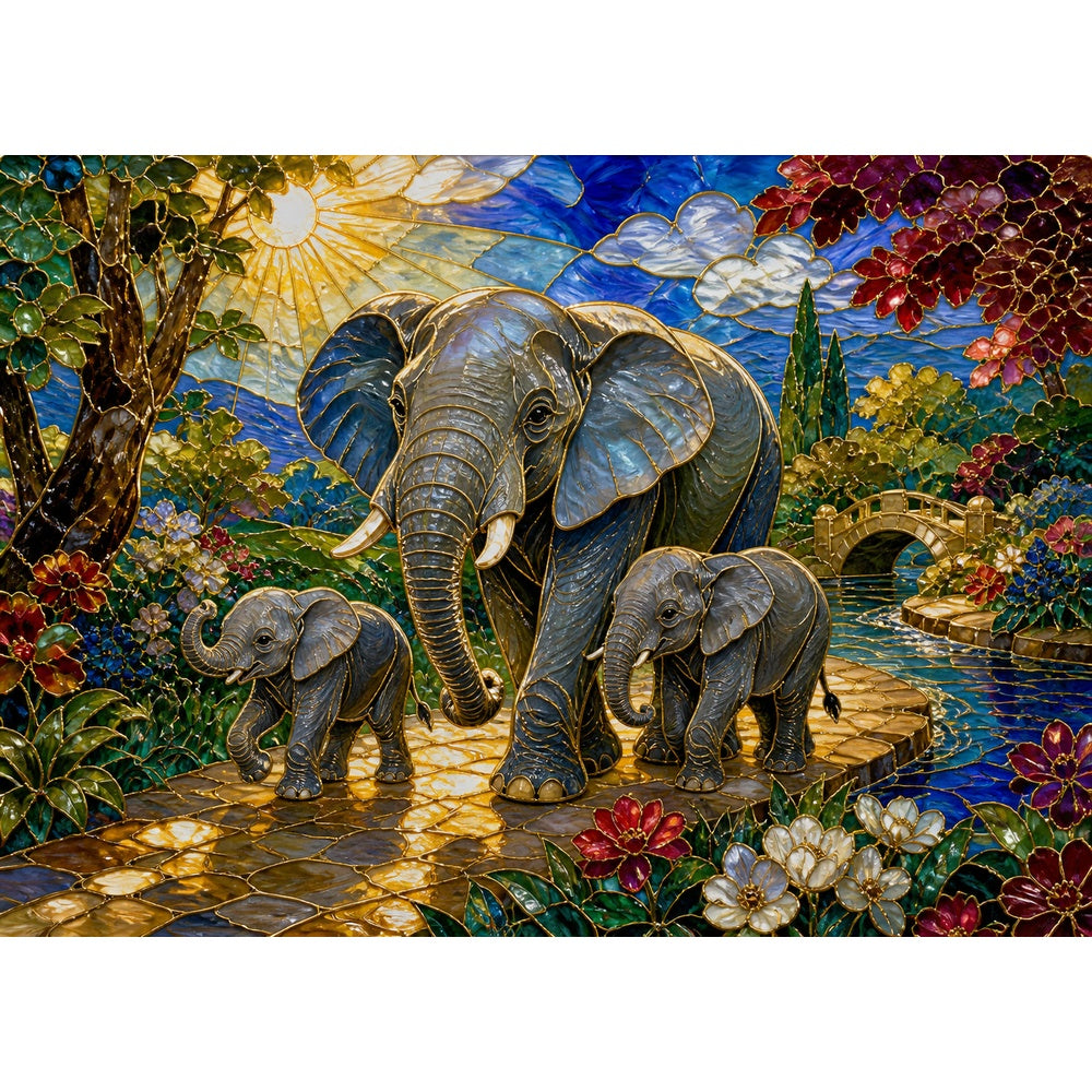 Sunlit Elephant Family Landscape Puzzle - puzzle artwork