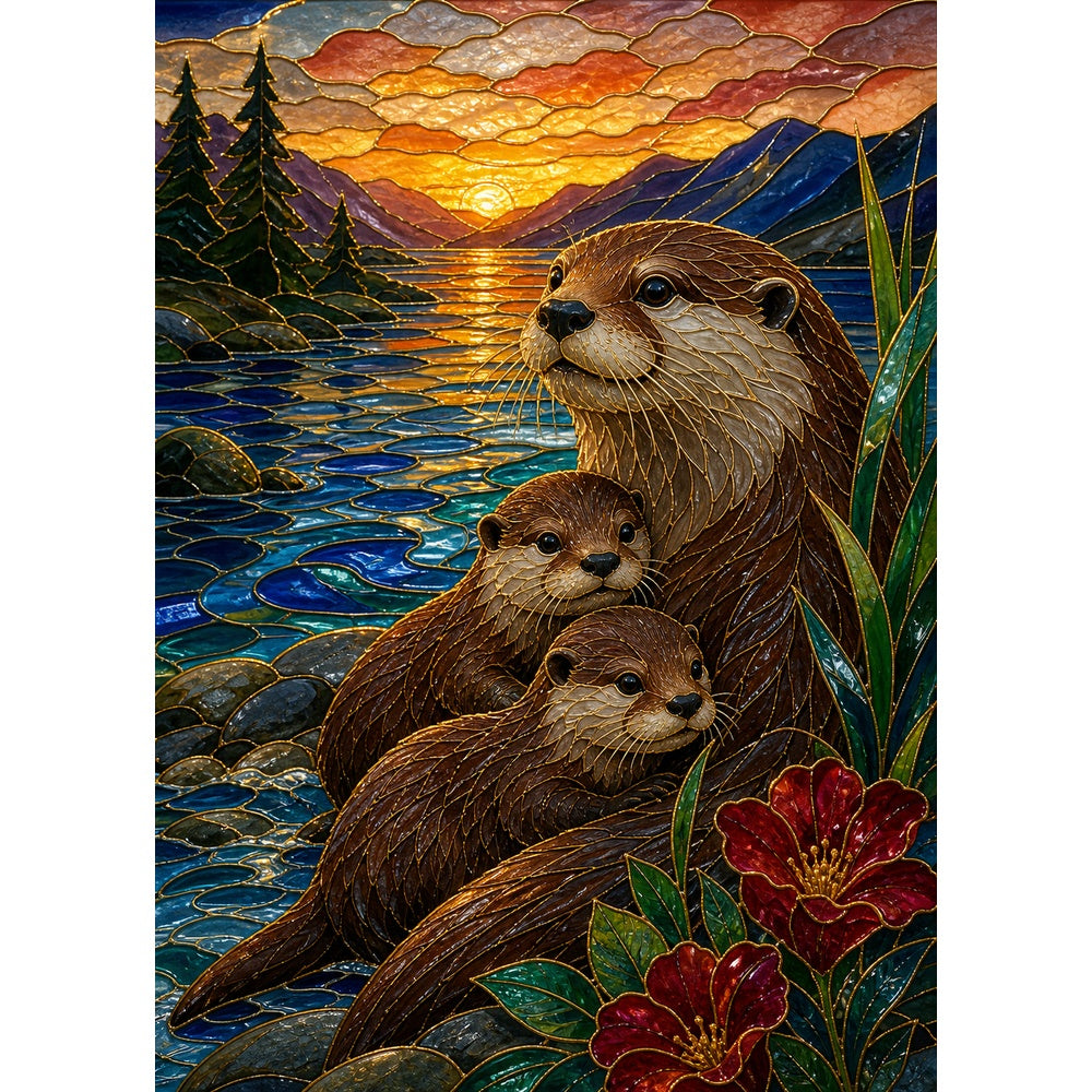 Golden-Hour Otter Family Portrait Puzzle - puzzle artwork