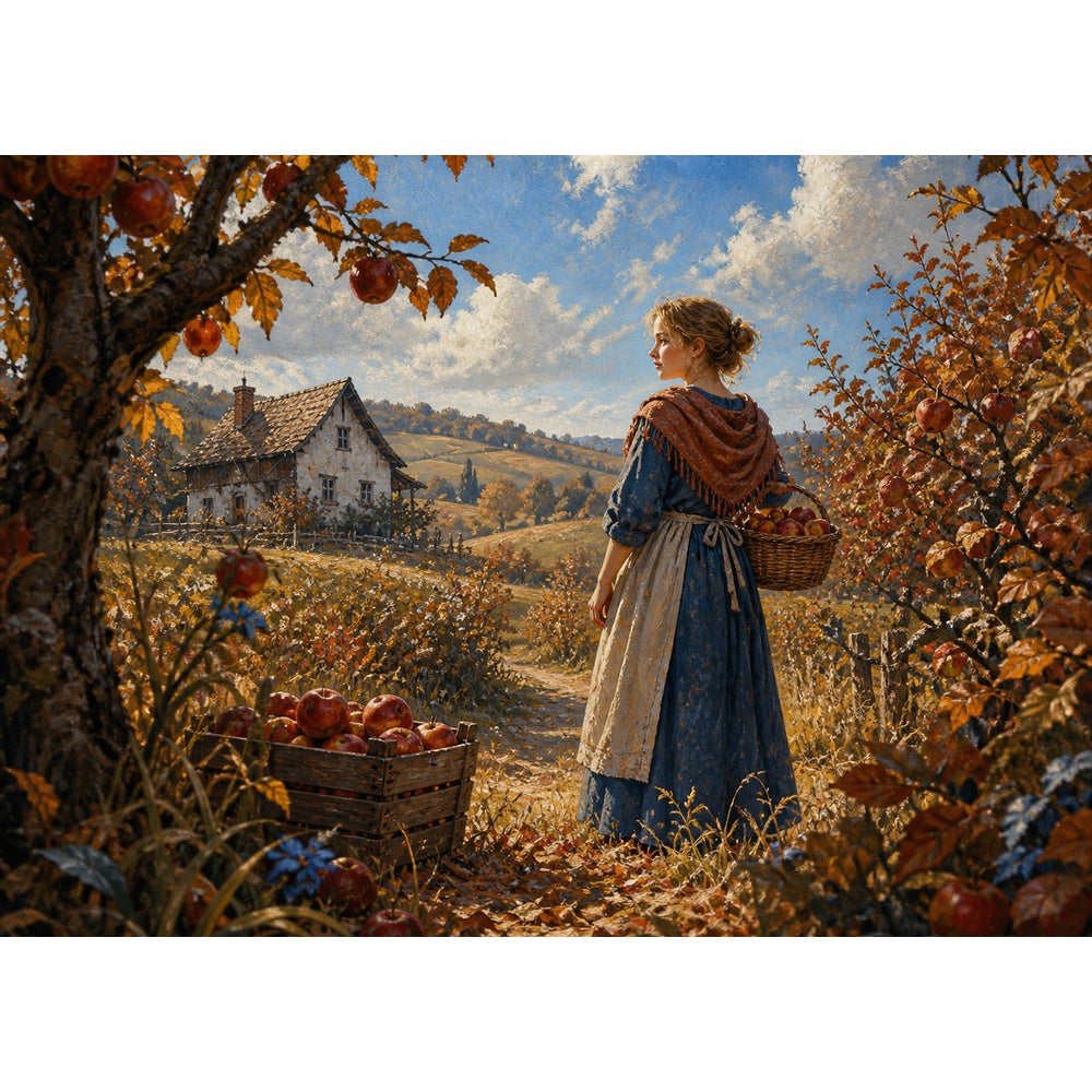 Rain Washed Autumn Apple Orchard Character Illustration Landscape - puzzle artwork