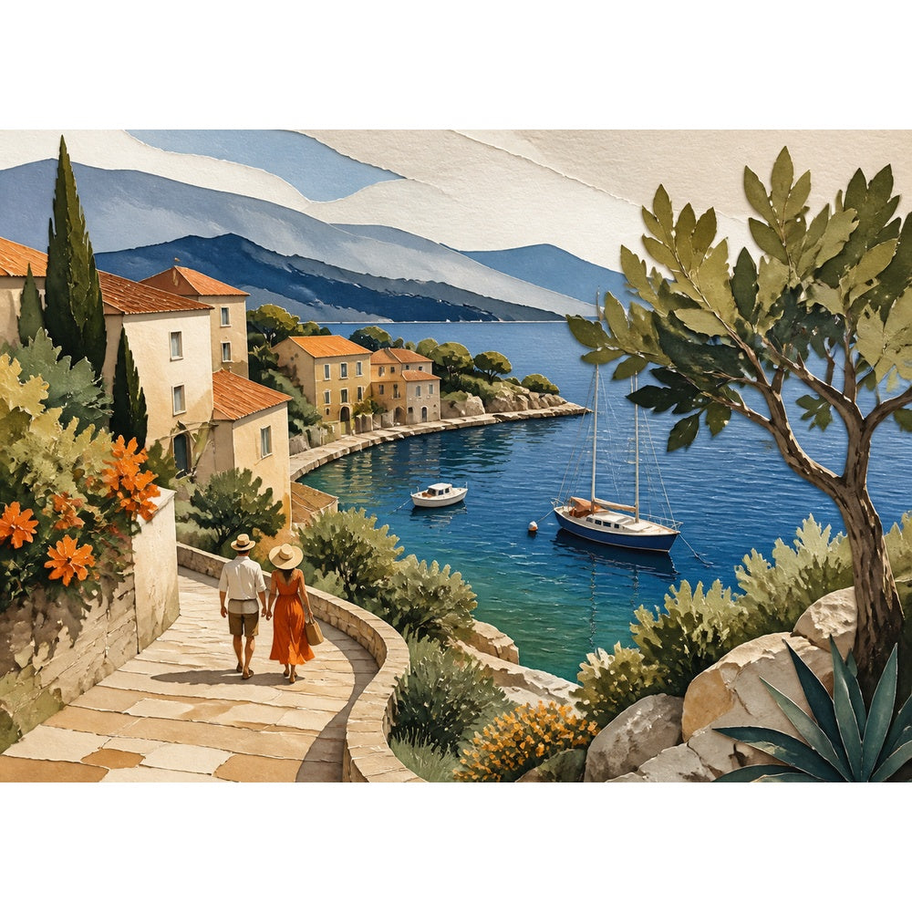 Quiet Watercolor Harbor Paper Cut Collage Landscape Puzzle - puzzle artwork