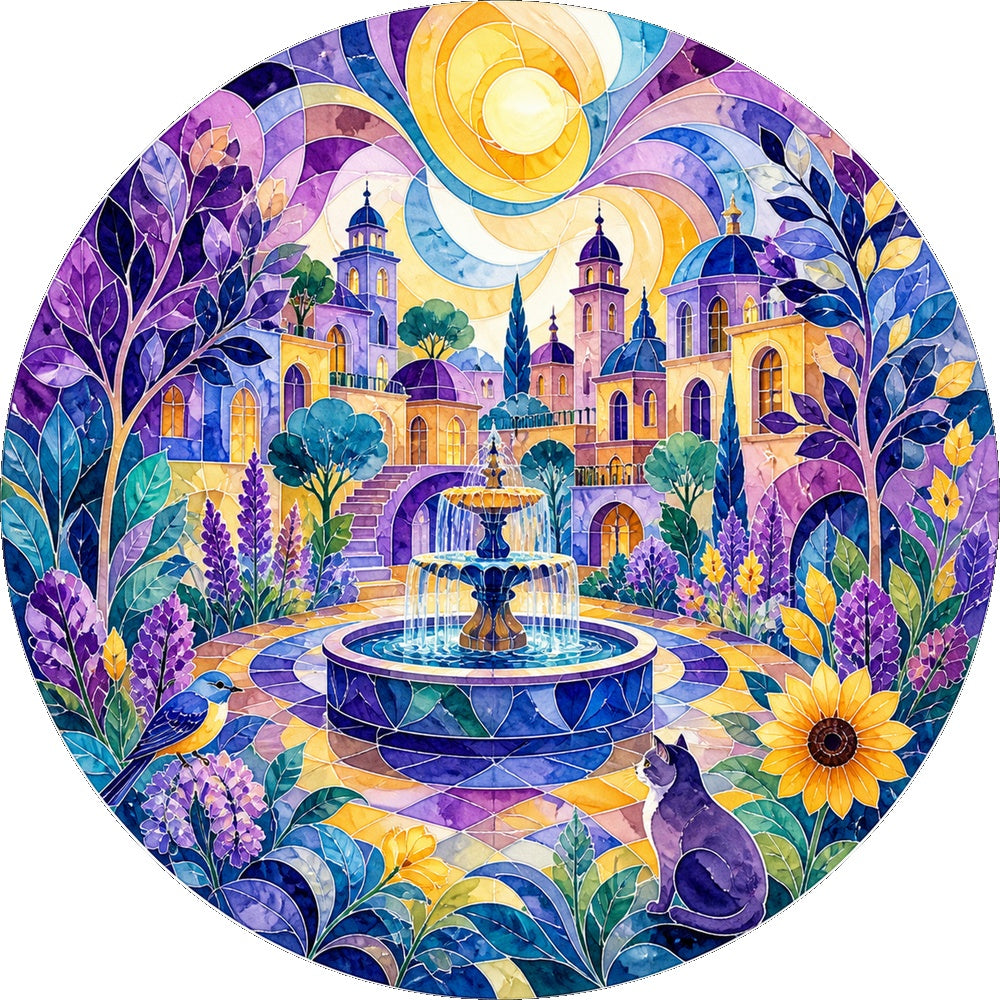 Dancing Watercolor City Garden Round Puzzle - puzzle artwork