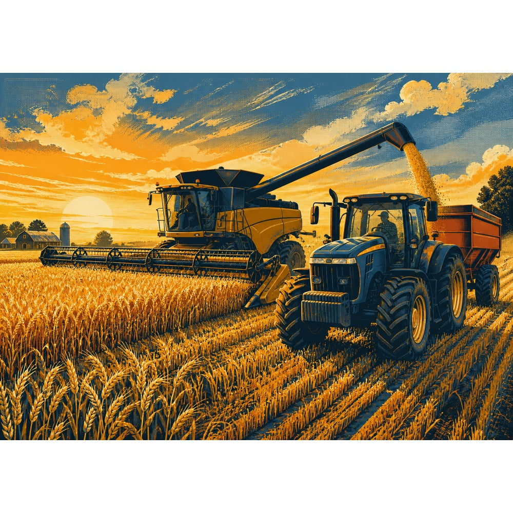 Luminous Farm Machinery at Harvest Screen Print Landscape Puzzle - puzzle artwork
