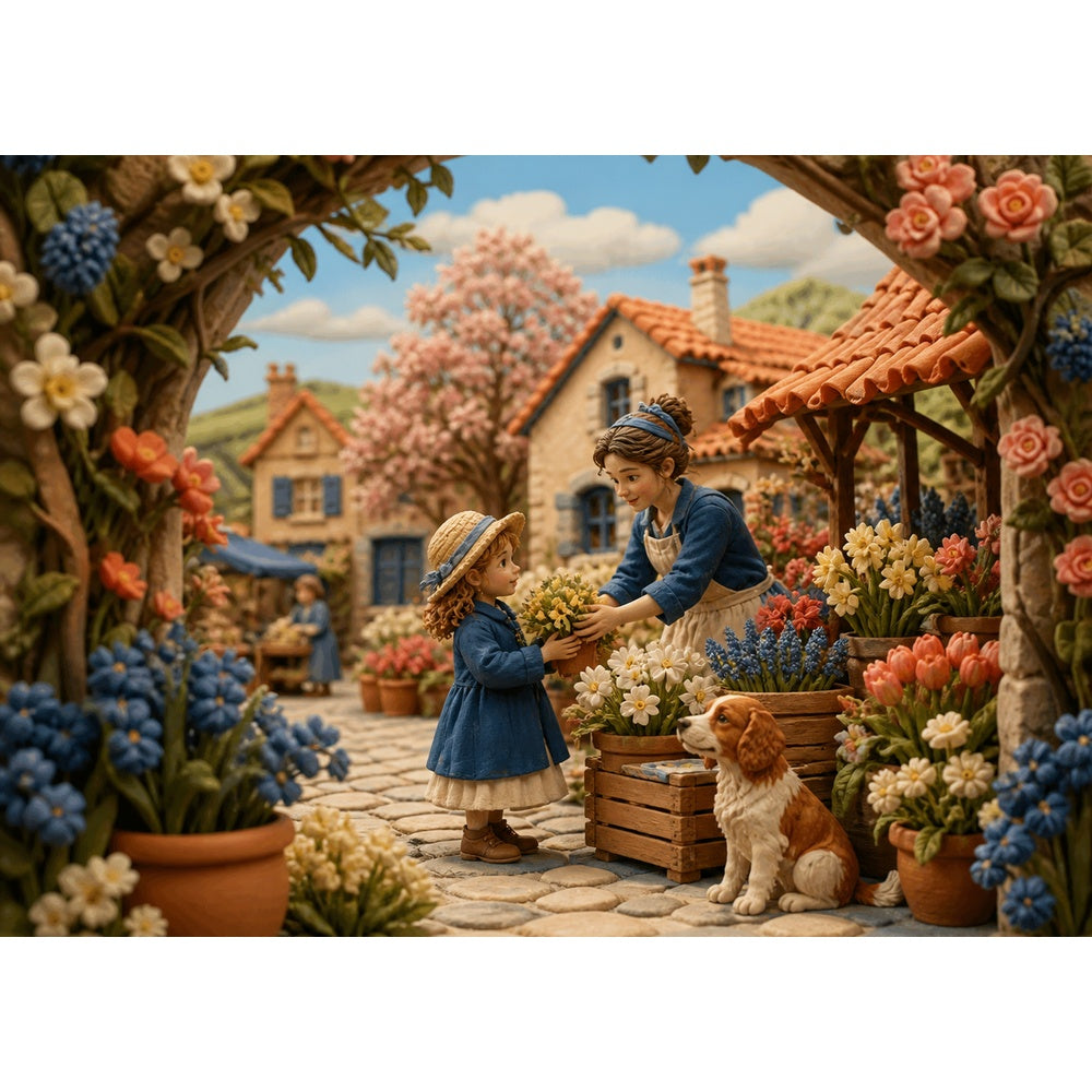 Vibrant Spring Flower Market Soft 3d Storybook Landscape Puzzle - puzzle artwork