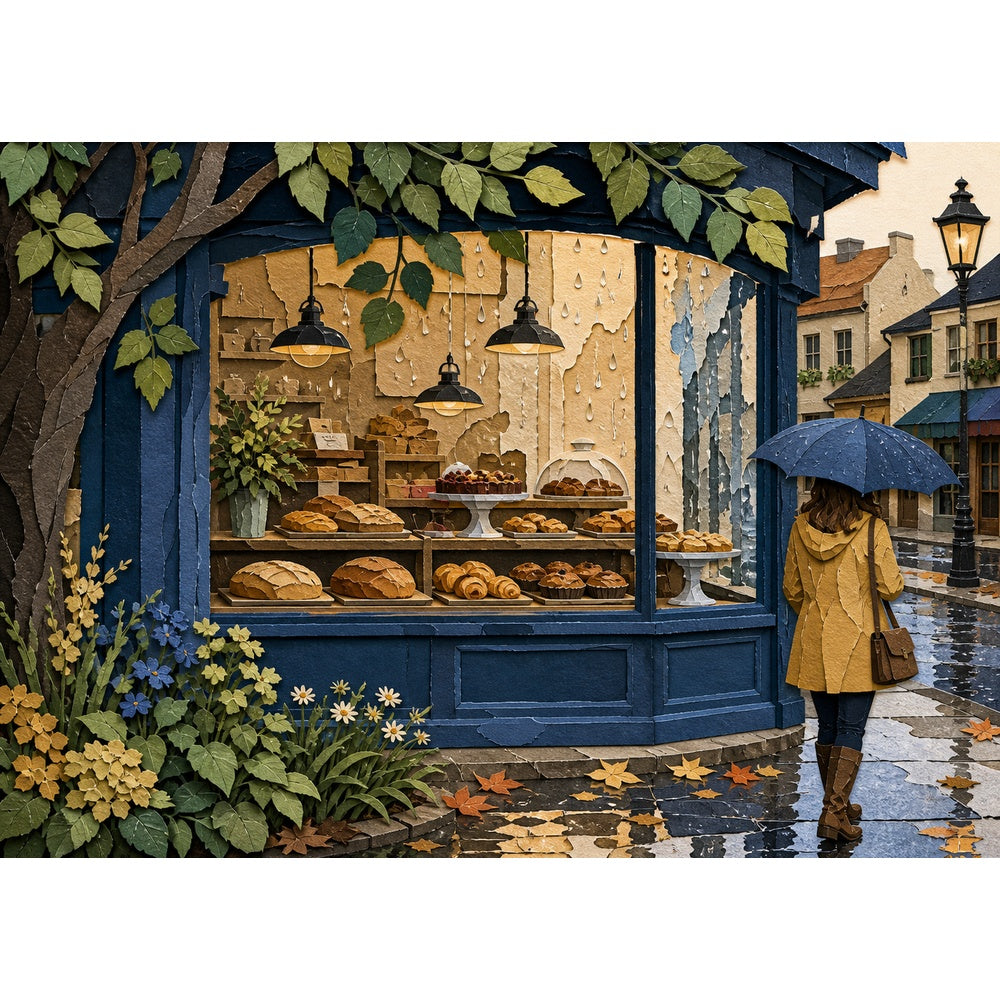 Rain-Washed Bakery Window Landscape Puzzle - puzzle artwork