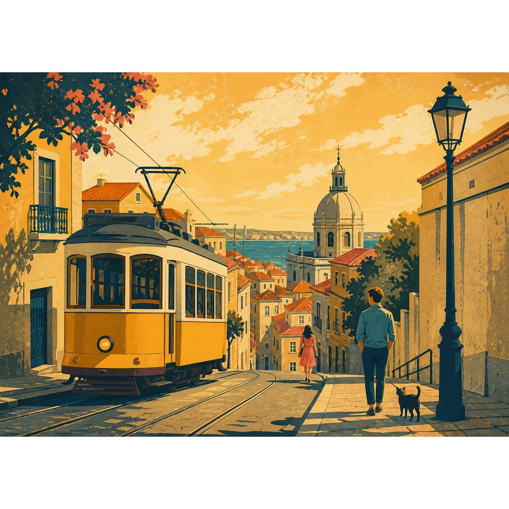 Golden-Hour Tram Street Landscape Puzzle - puzzle artwork
