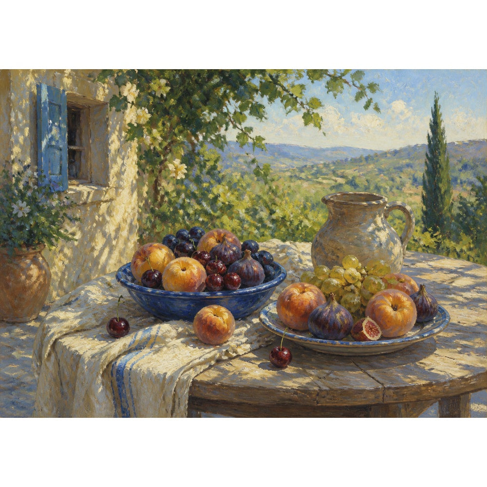 Moonlit Summer Fruit Table Textile Quilt Landscape Puzzle - puzzle artwork