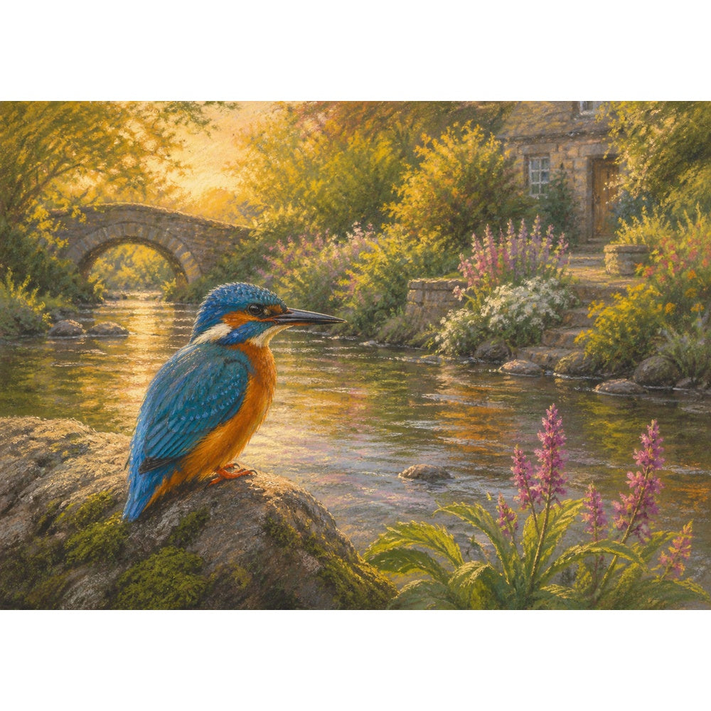 Golden-Hour Kingfisher By A River Landscape Puzzle - puzzle artwork