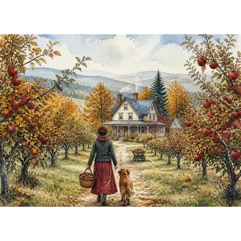 Luminous Autumn Apple Orchard Watercolor Ink Landscape Puzzle - puzzle artwork