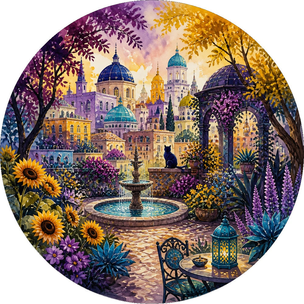 Crimson Watercolor City Garden Round Puzzle - puzzle artwork