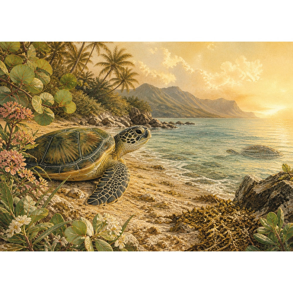 Golden-Hour Sea Turtles Landscape Puzzle - puzzle artwork