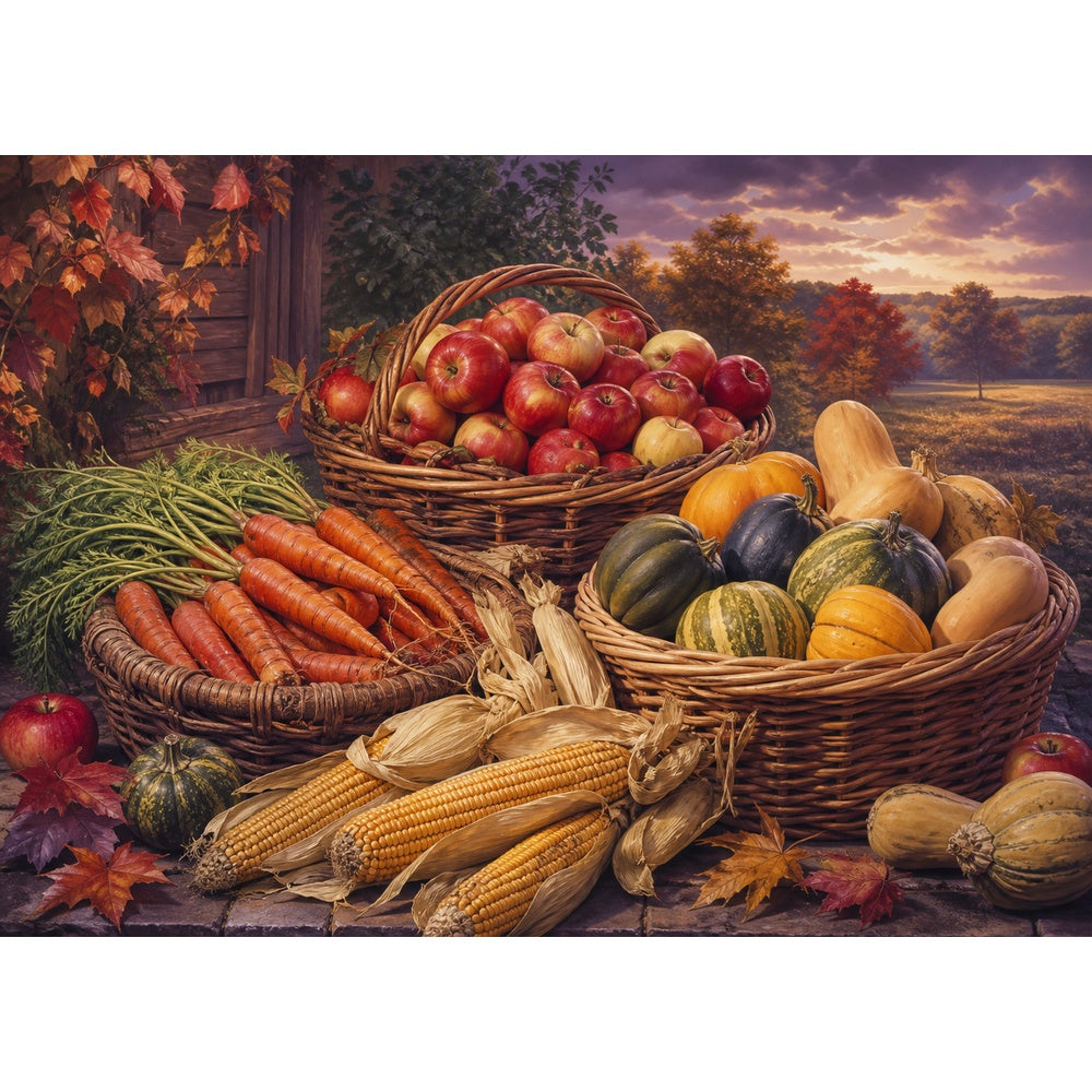 Golden Hour Farmers Market Baskets Botanical Lithograph Landscape - puzzle artwork