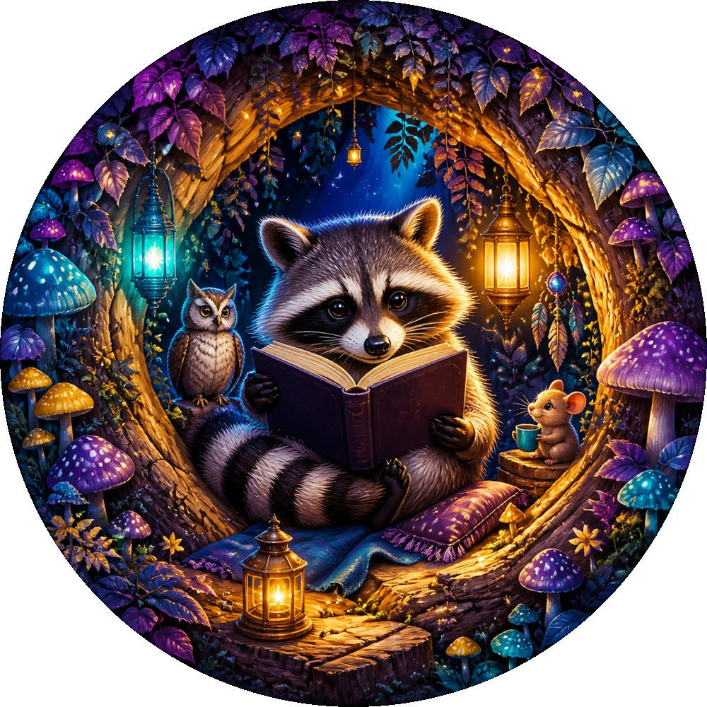 Dancing Raccoon Reading Hollow Round Puzzle - puzzle artwork